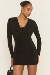 Black Cowl Neck Long Sleeve Bodycon Mini Dress - Oliana