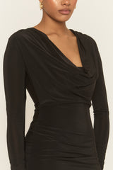 Black Cowl Neck Long Sleeve Bodycon Mini Dress - Oliana