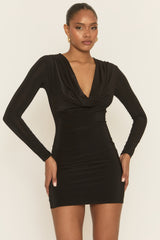 Black Cowl Neck Long Sleeve Bodycon Mini Dress - Oliana