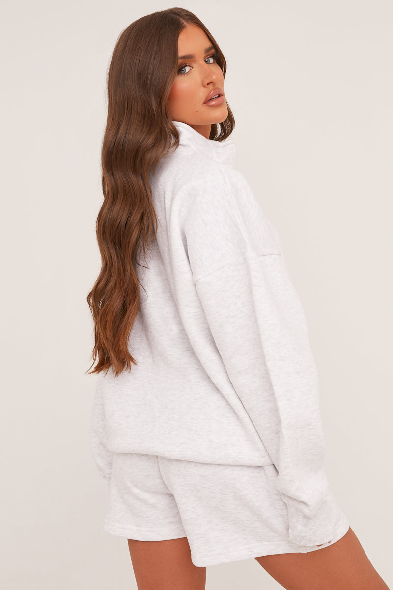 Grey Oversized Zip Front Sweatshirt & Mini Shorts Co-ord Set - Adriana