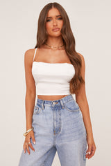 White Satin Cowl Neck Lace Up Back Cropped Top - Tia