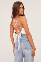 White Satin Cowl Neck Lace Up Back Cropped Top - Tia