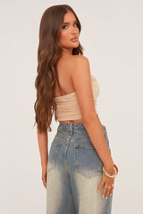 Beige Cowl Neck Corset Detail Cropped Top - Immy