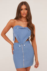 Mid Blue Denim Bandeau Corset Detail Cropped Top & Mini Skirt Co-ord Set - Josephine