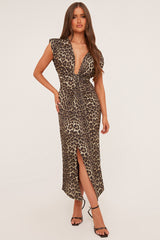 Brown Leopard Print Plunge Neck Draped Maxi Dress - Brylen