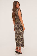 Brown Leopard Print Plunge Neck Draped Maxi Dress - Brylen