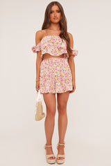 Pink Floral Print Bardot Crop Top & Mini Skirt Co-ord Set - Kayle