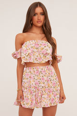 Pink Floral Print Bardot Crop Top & Mini Skirt Co-ord Set - Kayle