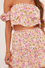 Pink Floral Print Bardot Crop Top & Mini Skirt Co-ord Set - Kayle