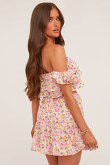Pink Floral Print Bardot Crop Top & Mini Skirt Co-ord Set - Kayle