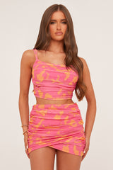 Pink Abstract Print Ruched Crop Top & Mini Skirt Co-ord Set - Presley