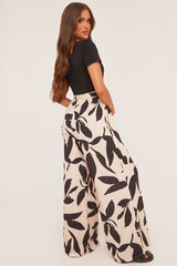 Beige Leaf Print Round Neck Jumpsuit - Lewis