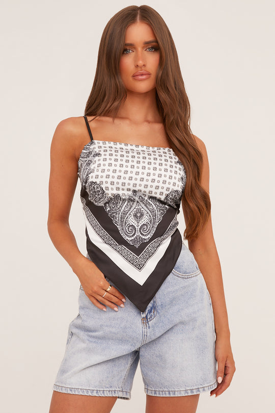 Black Paisley Print Asymmetric Hem Top - Liyana