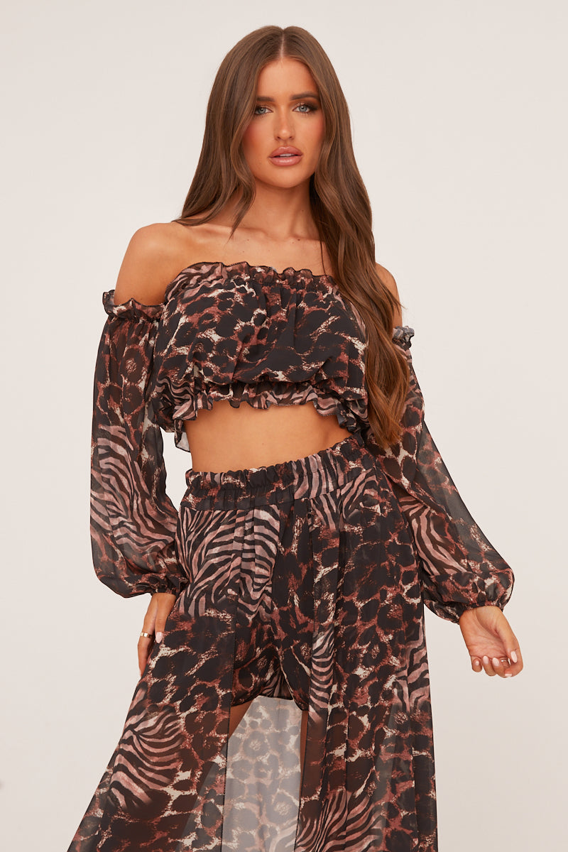 Brown Leopard Print Bardot Cropped Top & Shorts Co-ord Set - Eleanora