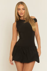 Black Asymmetric Puffball Mini Dress - Bridey