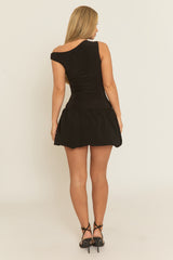 Black Asymmetric Puffball Mini Dress - Bridey