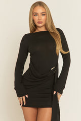 Black Drape Trim Detail Long Sleeve Mini Dress - Trixy