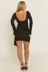 Black Drape Trim Detail Long Sleeve Mini Dress - Trixy