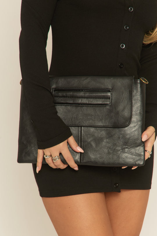 Black Faux Leather Envelope Clutch Bag - Ellena