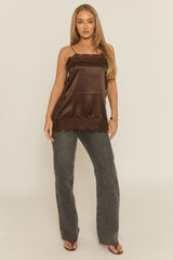 Chocolate Lace Trim Satin Cami Top - Trina
