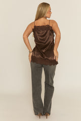 Chocolate Lace Trim Satin Cami Top - Trina