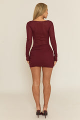 Wine Twist Front Long Sleeve Mini Dress - Reehan
