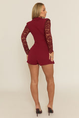 Wine Lace Sleeve Tailored Blazer Playsuit - Maisee
