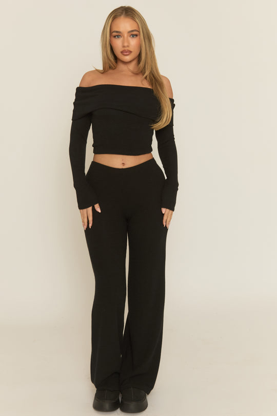 Black Rib Bardot Co-ord Loungewear Set - Sinda