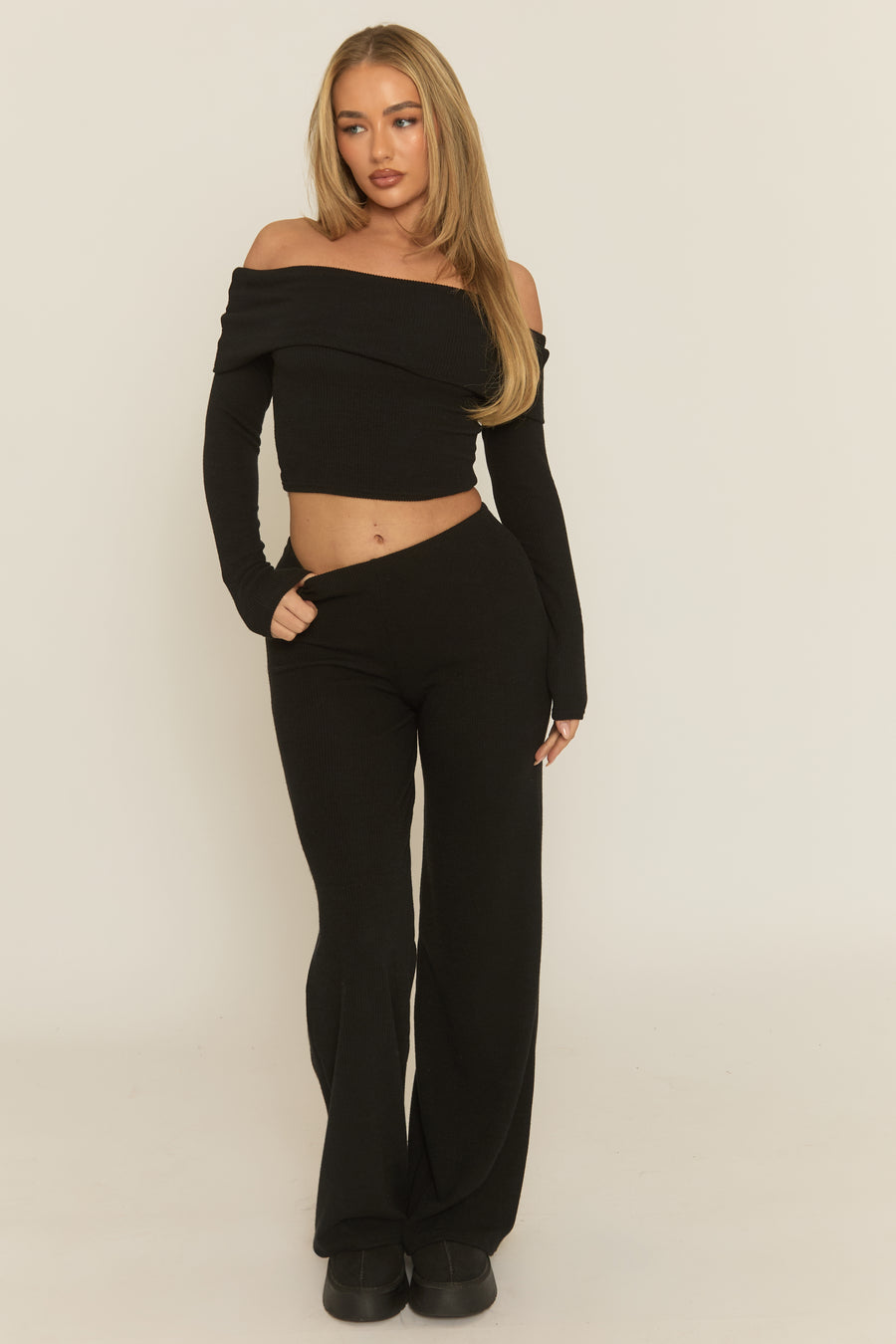 Black Rib Bardot Co-ord Loungewear Set - Sinda