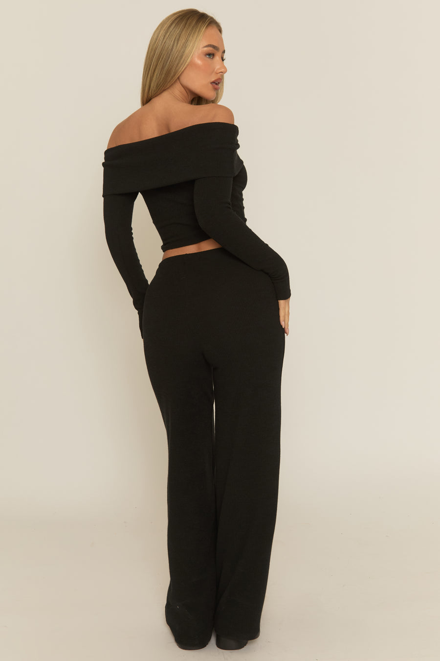 Black Rib Bardot Co-ord Loungewear Set - Sinda