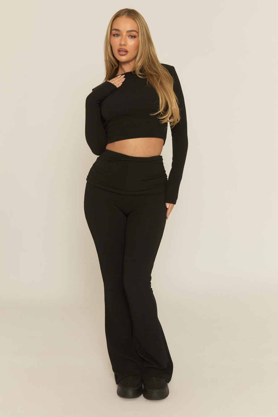 Black Rib Fold Down Waist Loungewear Co-ord Set - Charlene