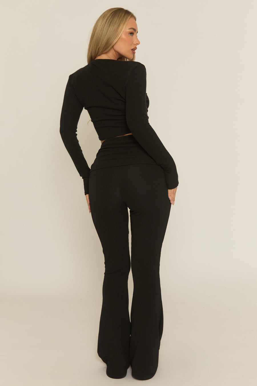 Black Rib Fold Down Waist Loungewear Co-ord Set - Charlene