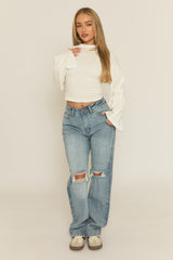 Petite Blue Denim Distressed Knee Jeans - Ivelisse