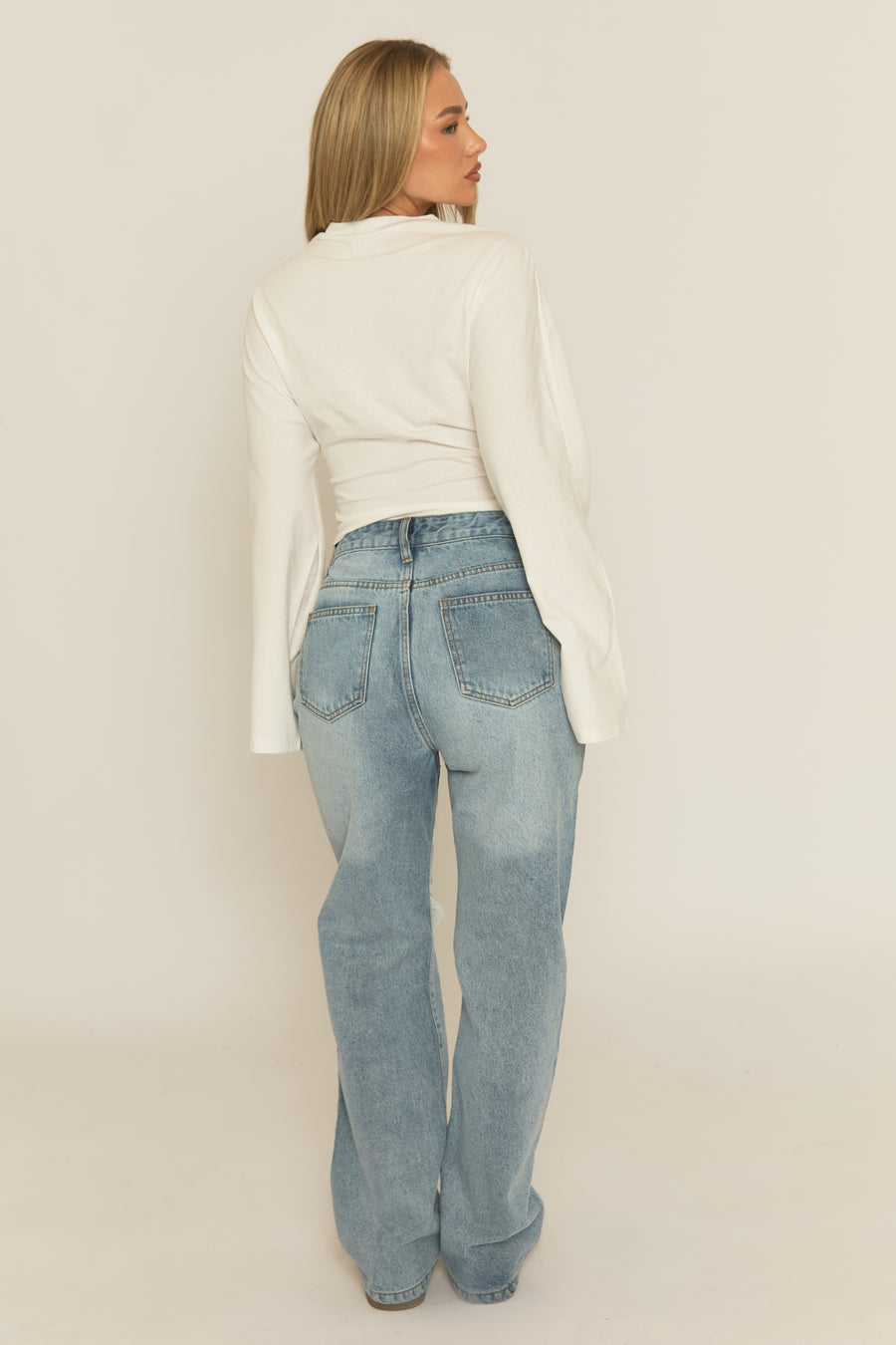 Mid Wash Denim Distressed Knee Extra Long Jeans - Ivelisse