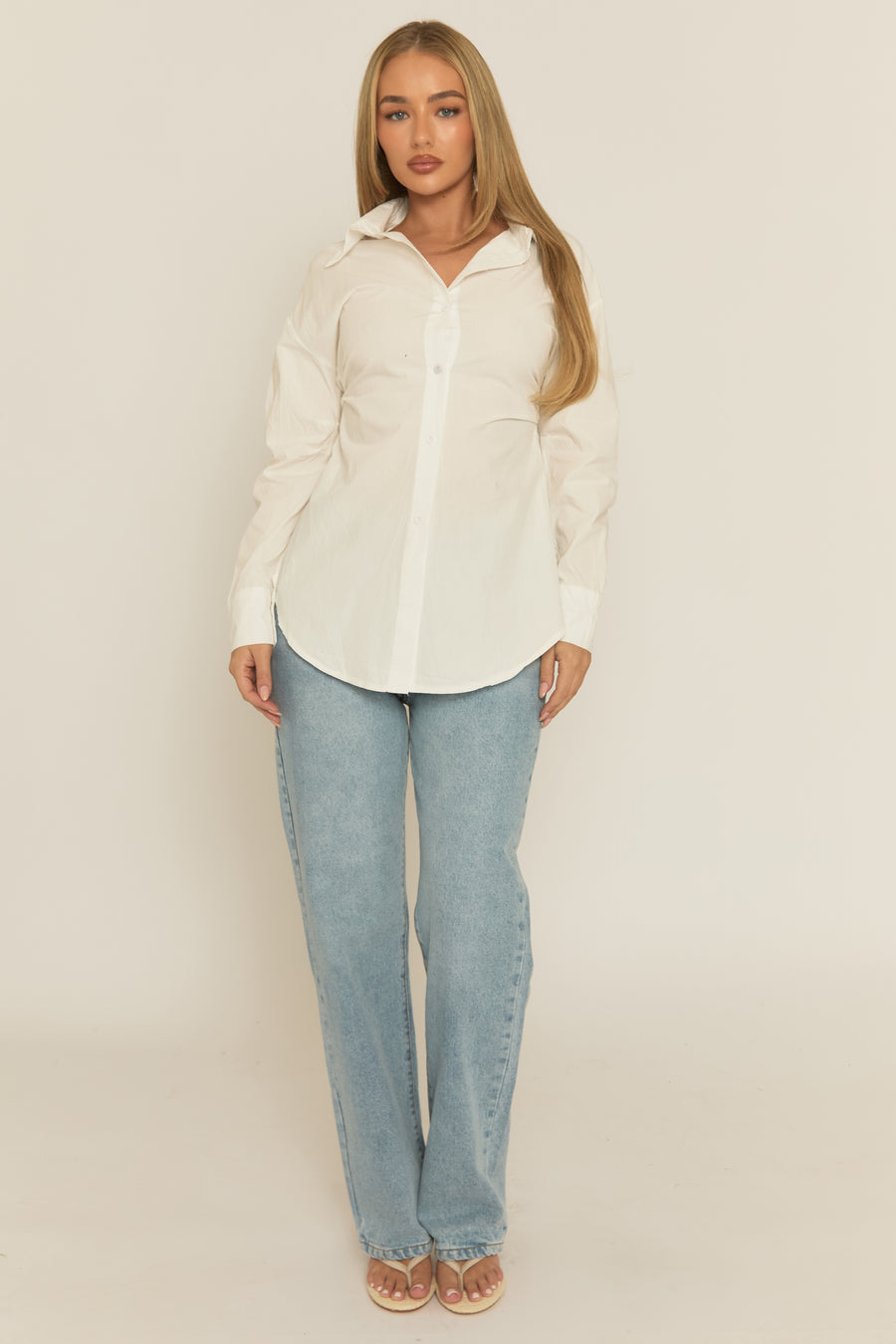 White Cinched Waist Long Sleeve Shirt - Tarla