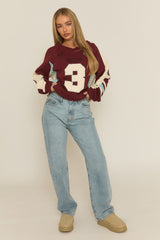 Wine Varsity Embroidered Oversized Sweater - Ameela