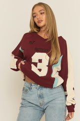Wine Varsity Embroidered Oversized Sweater - Ameela
