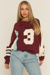Wine Varsity Embroidered Oversized Sweater - Ameela