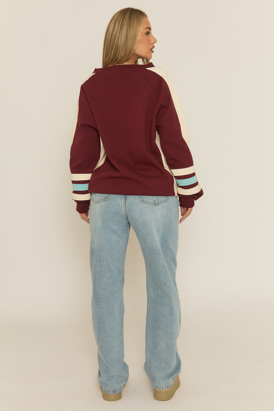 Wine Varsity Embroidered Oversized Sweater - Ameela