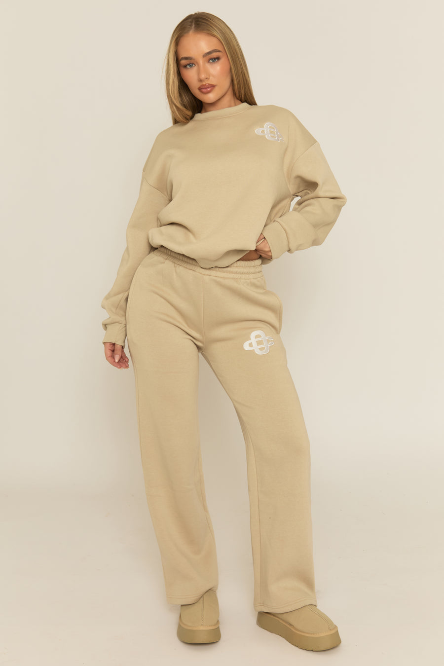 Beige Contrast Motif Jumper and Joggers Loungewear Co-ord Set - Oleen