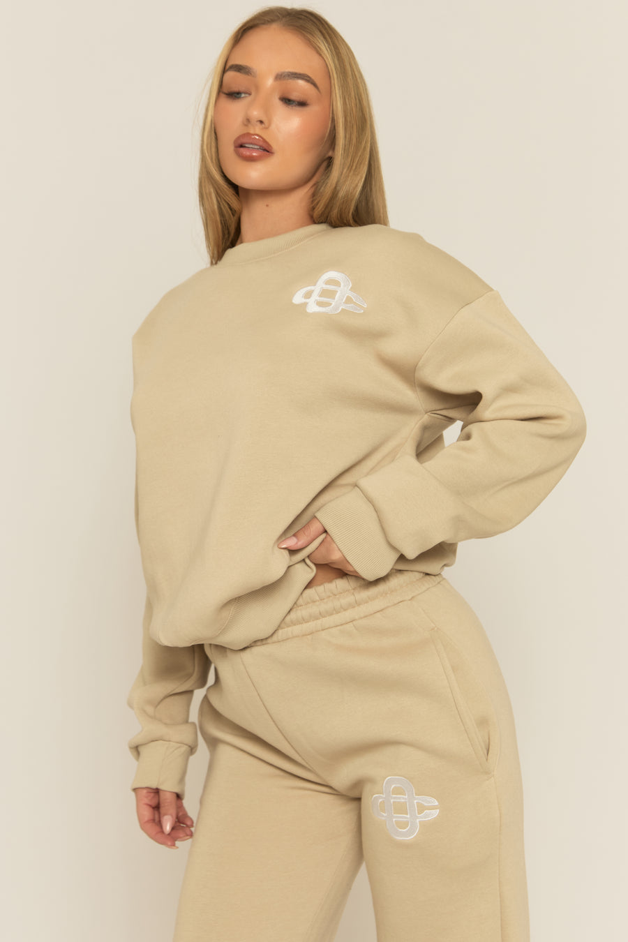Beige Contrast Motif Jumper and Joggers Loungewear Co-ord Set - Oleen