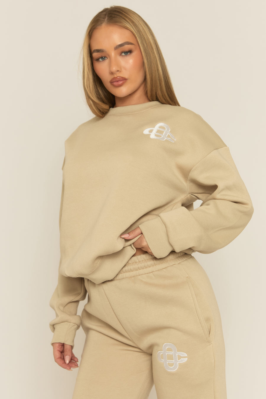 Beige Contrast Motif Jumper and Joggers Loungewear Co-ord Set - Oleen