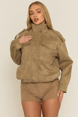 Beige Suede Funnel Neck Bomber Jacket - Juliette