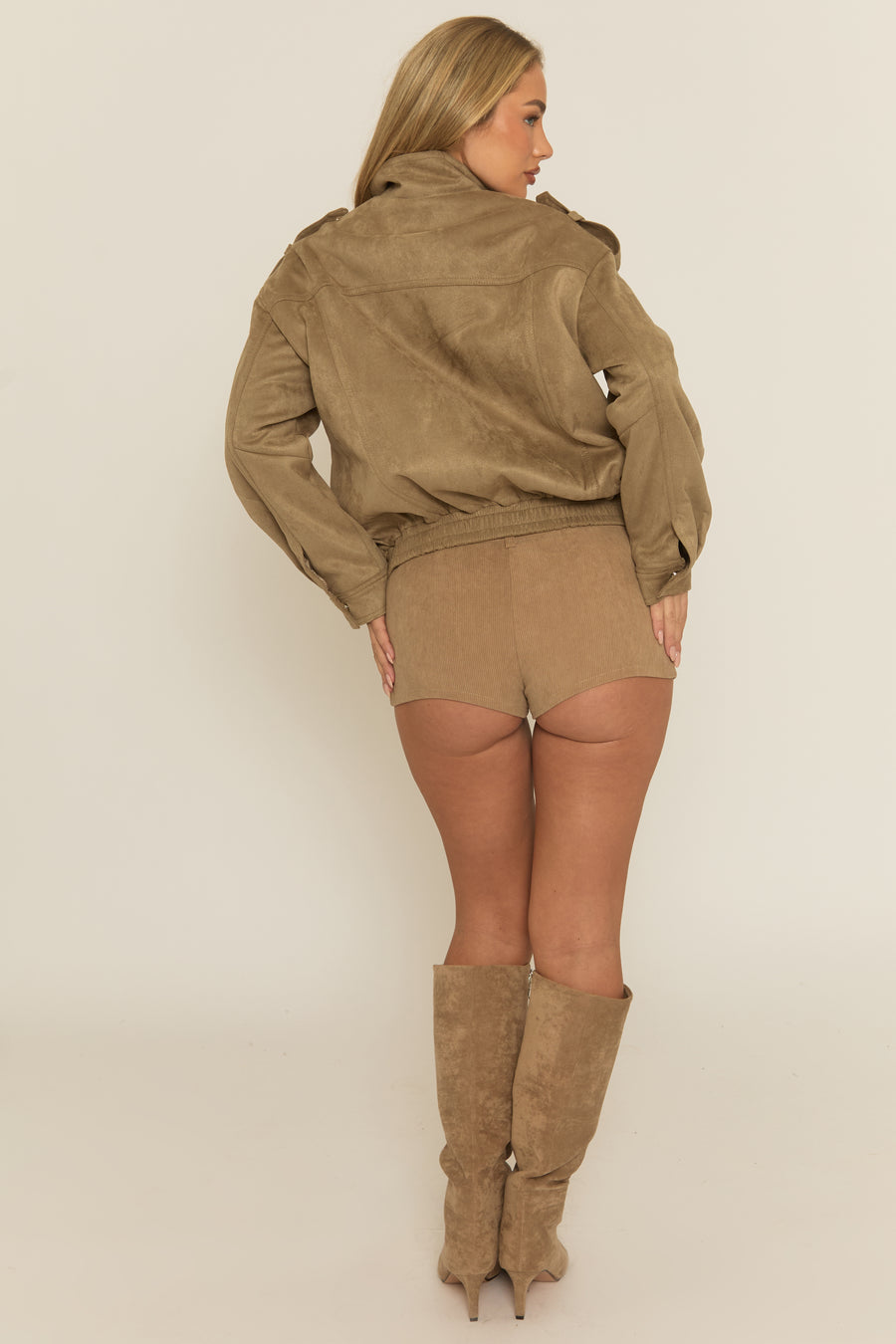 Beige Suede Funnel Neck Bomber Jacket - Juliette