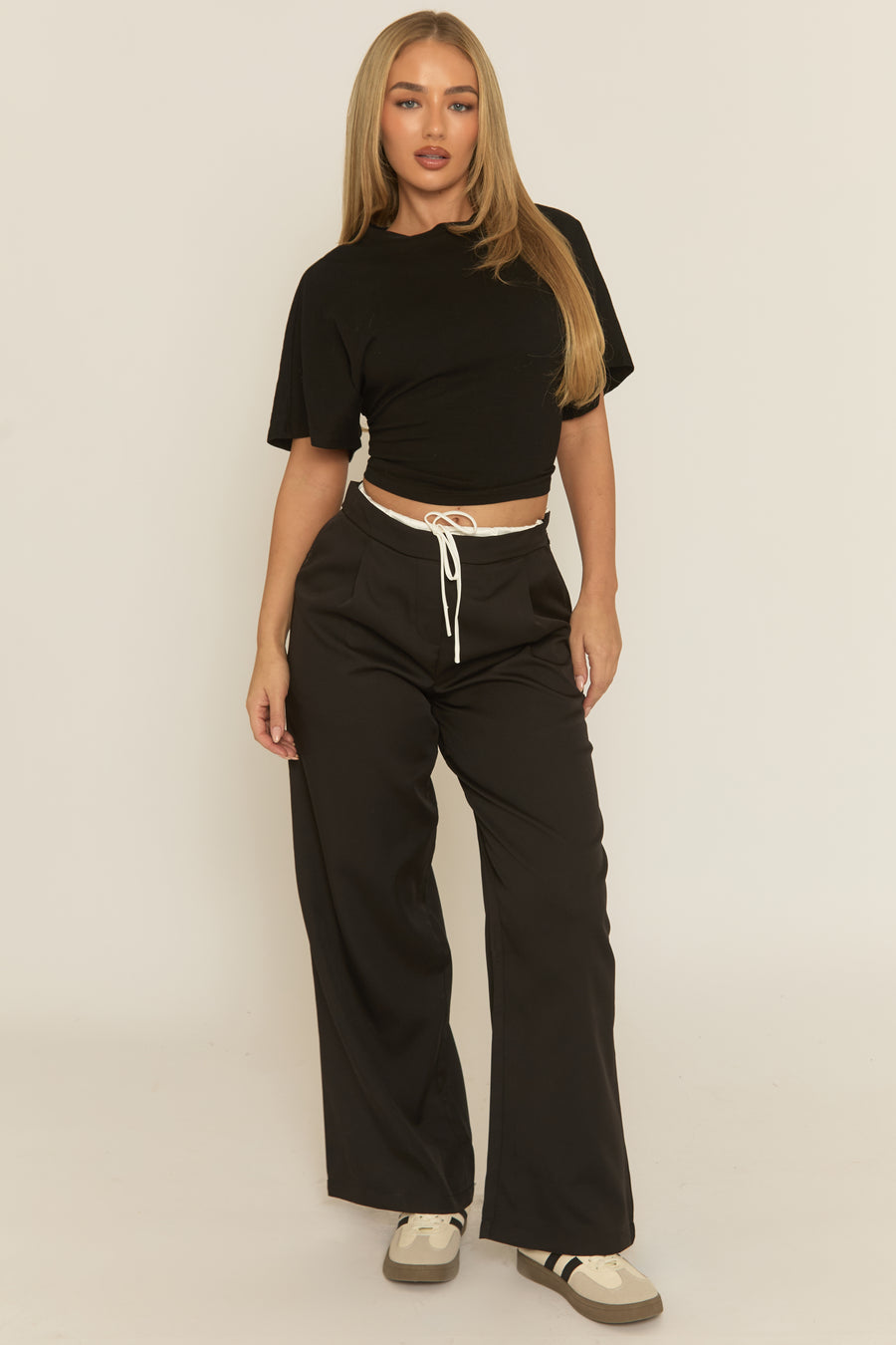 Black Contrast Waist Wide Leg Trousers - Erren