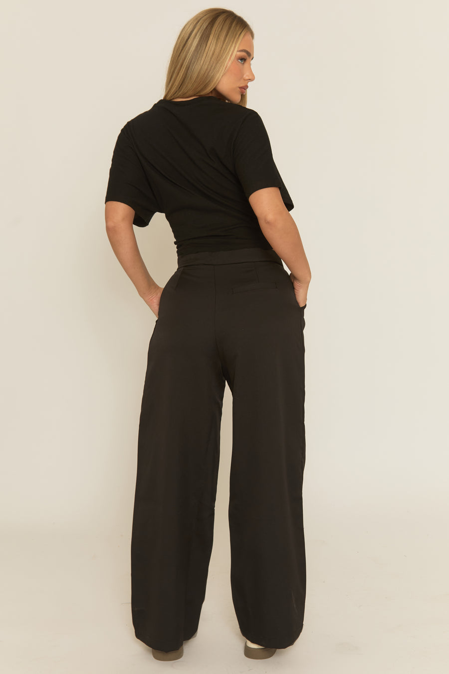 Black Contrast Waist Wide Leg Trousers - Erren