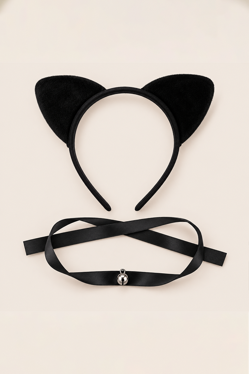 Black Halloween Velvet Cat Ears Headband & Choker Set - Mica