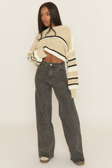 Beige Stripe Cropped Knit Jumper - Isobella