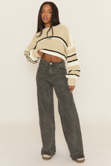 Beige Stripe Cropped Knit Jumper - Isobella