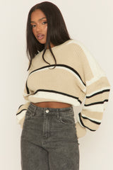 Beige Stripe Cropped Knit Jumper - Isobella